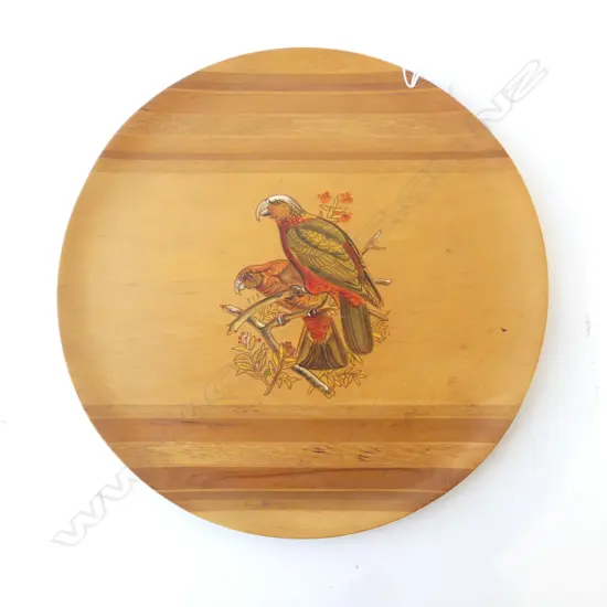 NZ 'SOVEREIGN WOODWARE' NZ WOODS DISH with printed & painted KEA Dia.295mm