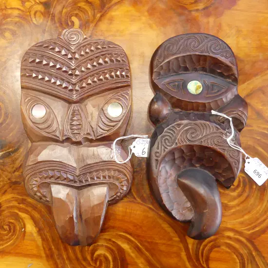 2 VINTAGE MAORI CARVED MASKS paua eyes. H.280mm