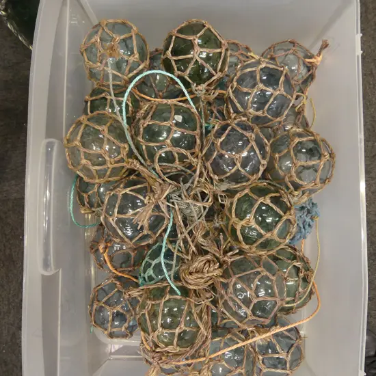 OLD GLASS FISHING FLOATS w. NETTING APPROX 30 DIA.90mm hand blown