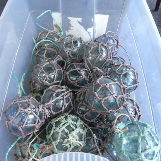 OLD GLASS FISHING FLOATS w. NETTING APPROX 35 DIA.90mm hand blown