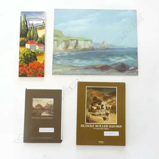 FOUR ARTWORKS, W/COLOUR, 2 ART FOLDERS (SIGNED) & CERAMIC PLAQUE, 400 x 500mm (W/C)