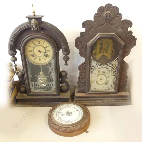2 AMERICAN ANSONIA GINGER BREAD MANTEL CLOCKS H.590mm + BAROMETER 230mm dia