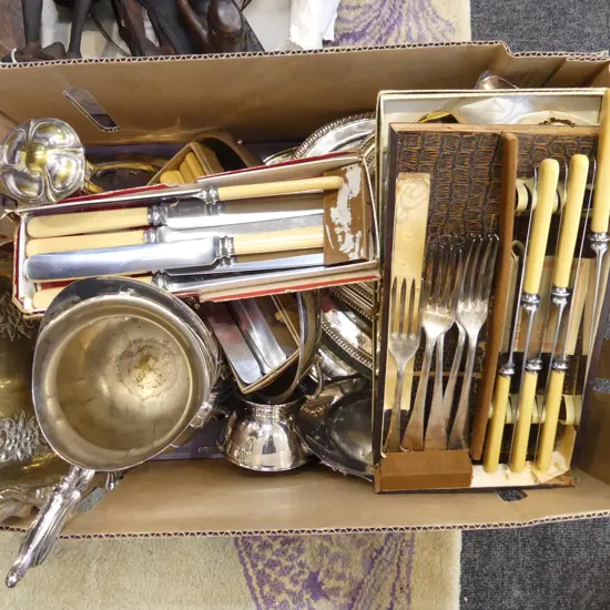 ASST. SILVER PLATE + CASED CUTLERY INCL. IVORINE 'BONE' HANDLED KNIVES