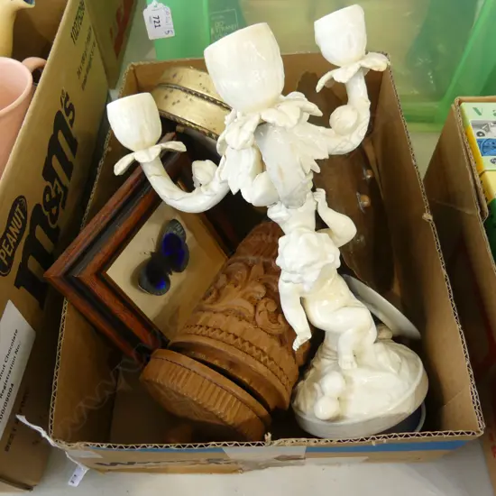 ASST. ITEMS; CANDLESTICK, WOODEN CONTAINER, FRAMED BUTTERFLY