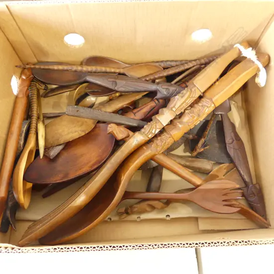 BOX OF CARVED WOOD SPOONS & FORKS