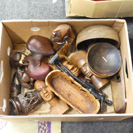 BOX LOT ETHNIC CARVINGS BOWLS MASKS ETC