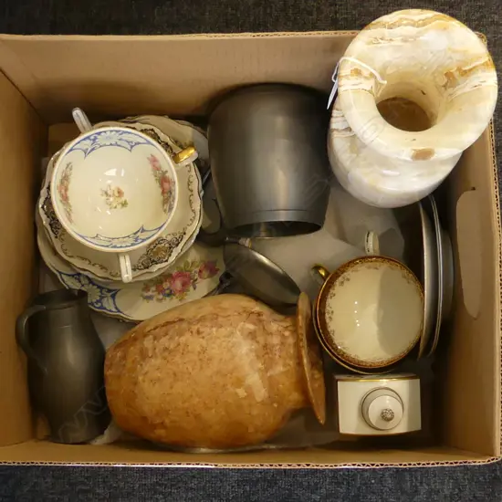 2 MARBLE/ALABASTER VASES + 3 CUP SAUCER PLATES + 2 PCES DUTCH PEWTER