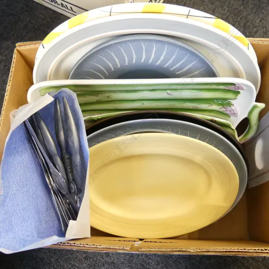 ASST. SERVING PLATES; SUSIE COOPER, DENBY ETC + CRAYFISH CRACKERS & 6 LOBSTER FORKS