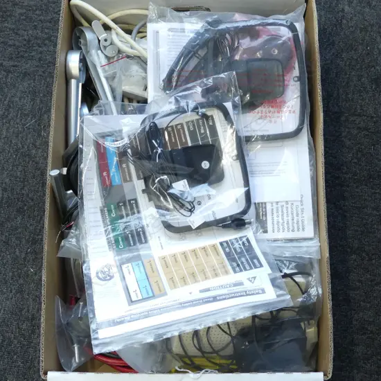 ASSORTED BOX OF STERIO WIRES & FITTINGS ETC ETC