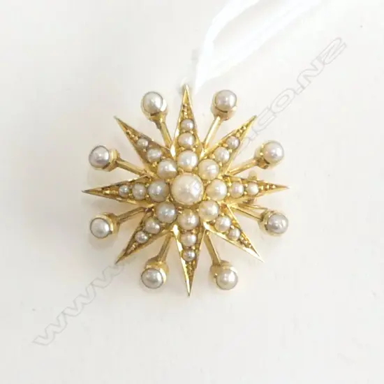 14ct SEED PEARL STAR PENDANT BROOCH 22mm dia 4.9gms