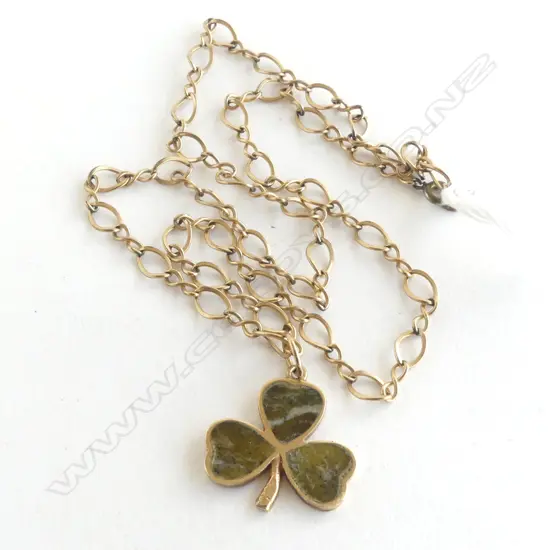14ct GOLD LINK CHAIN w 9ct STONE SET CLOVER PENDANT 9gms (bolt ring not gold)
