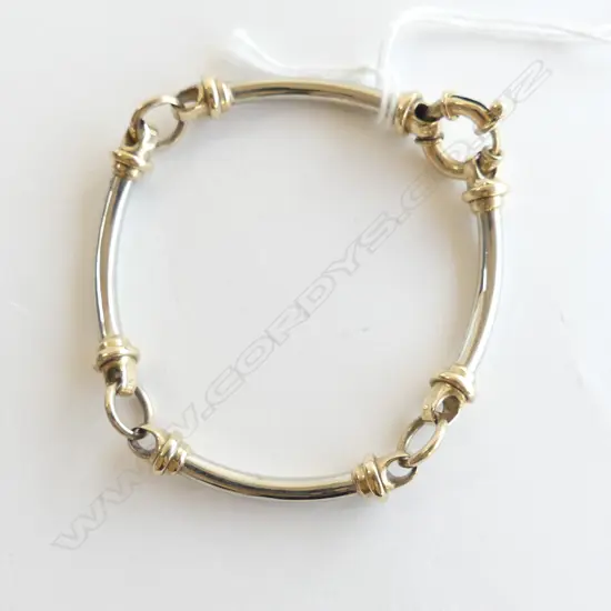 9ct YELLOW GOLD & SILVER CURVED BAR BRACELET 18gm total