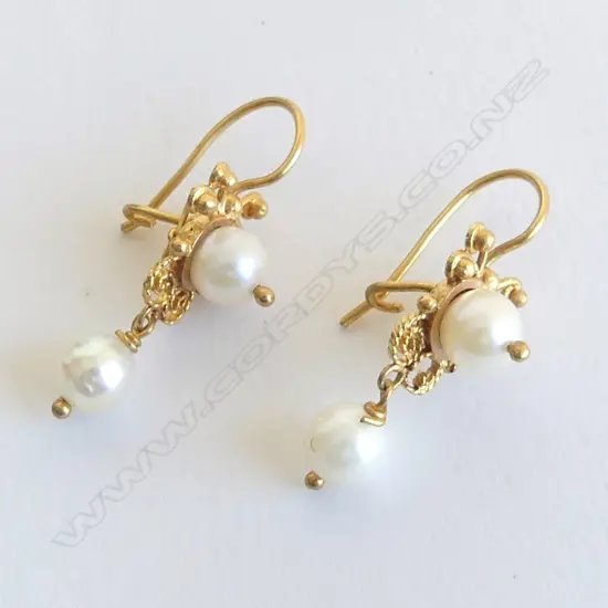 PR 14ct GOLD & PEARL DROP EARRINGS 3gms