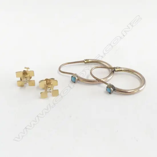 2 PRS GOLD EARRINGS; STUDS w DIAMOND & SLEEPERS w TURQUOISE STONE 2.2gm