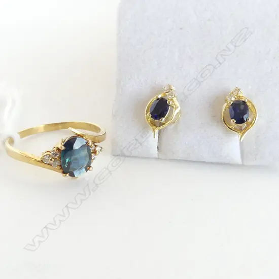 18CT GOLD SAPPHIRE & DIAMOND RING size R. & 14CT GOLD SAPPHIRE AND DIAMOND EARRINGS