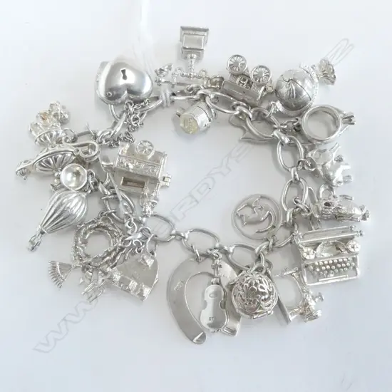 SILVER CHARM BRACELET w SUBSTANTIAL DETAILED & ARTICULATED CHARMS 94gm