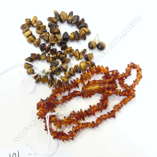 AMBER CHIP NECKLACE BRACELET/SET & TIGER EYE NECKLACE w MATCHING STUD EARRINGS