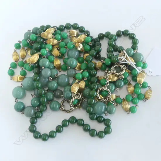 3 GREEN NECKLACES, STRING HANDKNOTTED JADE & 2 COSTUME