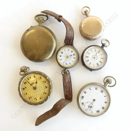 6 VINTAGE GENTS POCKET WATCHES: 2 SILVER W 1 CONVERTED TO A WRIST WATCH