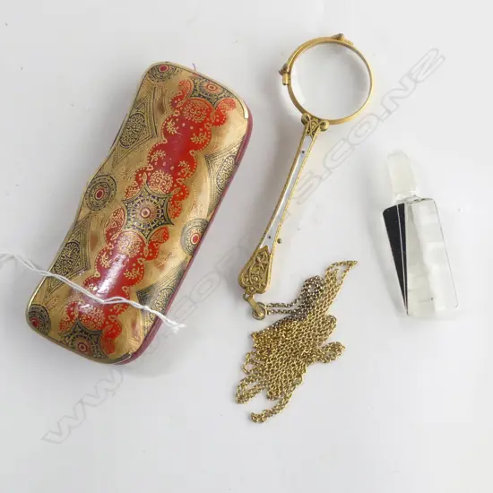 VINTAGE GILT & MOP LORGNETTE + ART DECO BOHEMIAN GLASS SCENT BOTTLE TOP (broken end) in spectacle case