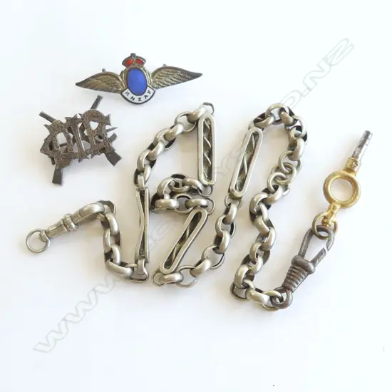 'COIN SILVER' ALBERT CHAIN & TWO MILITARY BADGES