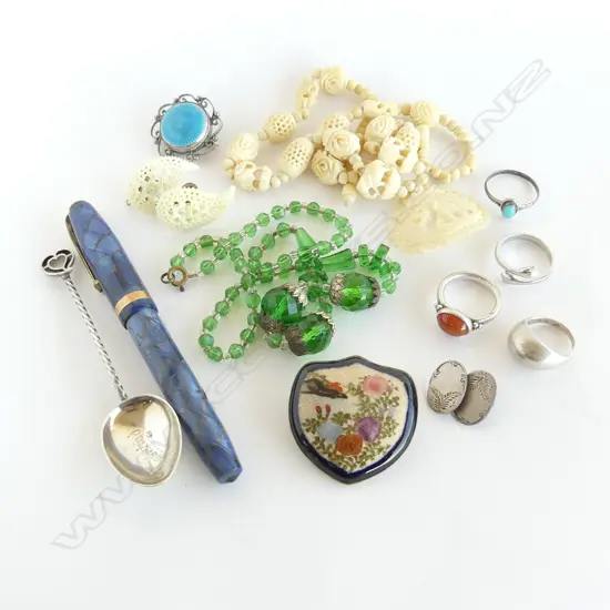 SILVER & VINTAGE JEWELLERY: BONE NECKLACE + Satsuma brooch + silver rings + spoon + fountain pen etc
