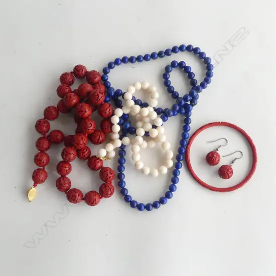 3 NECKLACES; CINNABAR, LAPIS & PALE PINK BEADS (w 14CT CLASP) plus CINNABAR BANGLE & PR EARRINGS