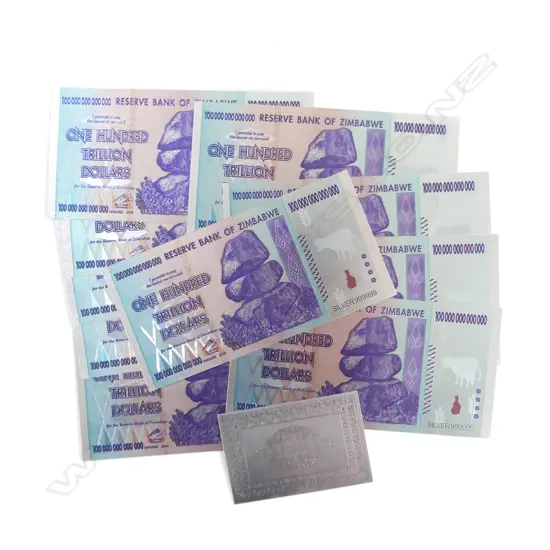 10 BANK OF ZIMBABWE ONE HUNDRED TRILLION DOLLAR NOTES + CERTIFICATE 