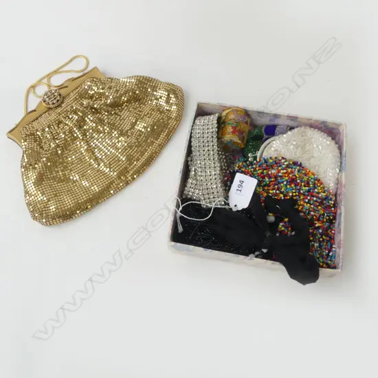 GLOMESH VINTAGE GILT EVENING BAG + 2 BEADED PURSES + BELTS & NECKLACES ETC
