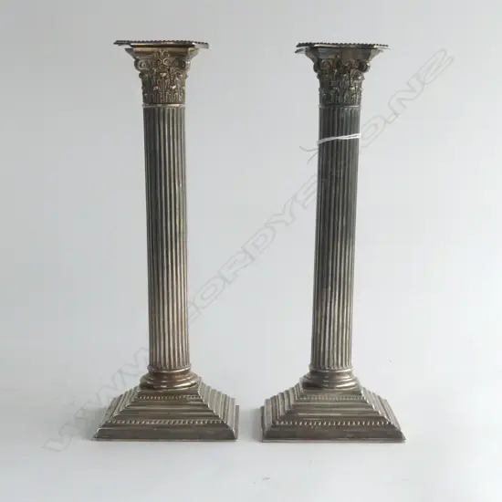 PR VICTORIAN SILVER CORRINTHIAN COLUMN CANDLESTICKS Birmingham 1895 by Thomas Wilkes Barker H.268mm. 600gms