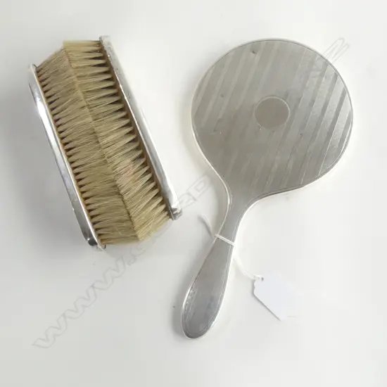 TWO SILVER BACK CLOTHES BRUSHES AND A MIRROR LONDON 1930