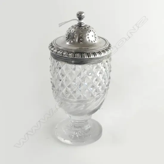 WILLIAM IV CRYSTAL AND SILVER TOP SUGAR CASTER LONDON 1830 BY THOMAS RADCLIFFE(some nibbles to crystal) H.140mm
