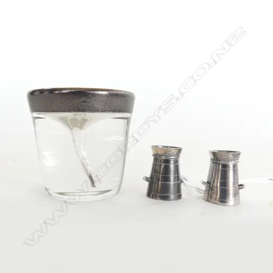 PR MINI NOVELTY SILVER MILK CAN PEPPERETTES Birmingham 1893 + tornado  glass w silver band 1902 Birmingham