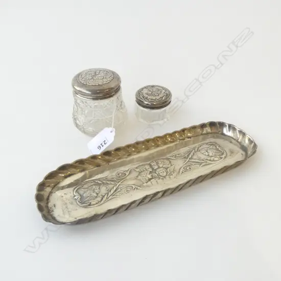 BIRMINGHAM 1900 embossed cherubs VANITY TRAY + 2 SIMILAR SILVER TOPPED VANITY JARS 