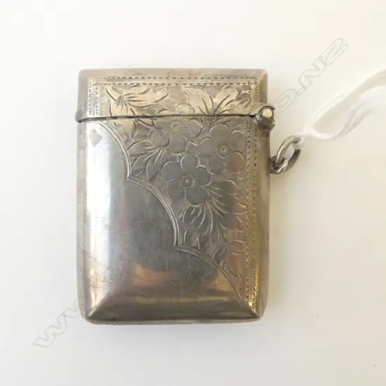 Birmingham 1909 LGE SILVER VESTA half floral engraved w suspension loop 
