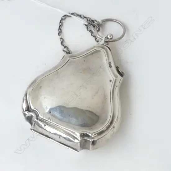 Birmingham 1915 SILVER PURSE leather fitted interior with chain & finger ring 