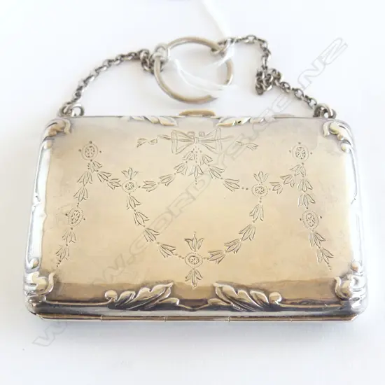 BIRMINGHAM 1915 SILVER ENGRAVED CARD CASE leather fitted interior swag & bow engraved chain handle w finger ring 90gms