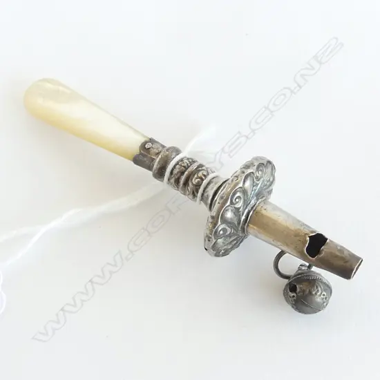 VICTORIAN SILVER & MOP BABIES RATTLE / WHISTLE /TEETHING RING L.100mm
