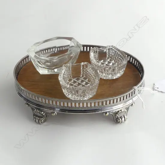 ANTIQUE S/PLATE REGENCY STYLE TRAY + 3 GLASS/CRYSTAL SALTS