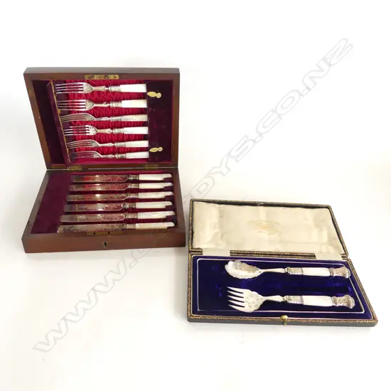 TWO SETS VICTORIAN SILVER PLATE & MOTHER OF PEARL CUTLERY