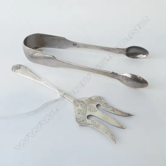2 SILVER CUTLERY PCES: GEO.III TONGS L.1819 + EDW. PICKLE FORK 76gms