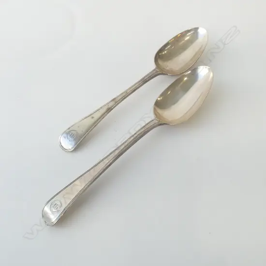 2 SILVER early 19thC table spoons Old English & Thread. London 1784 & 1825. 164gms  