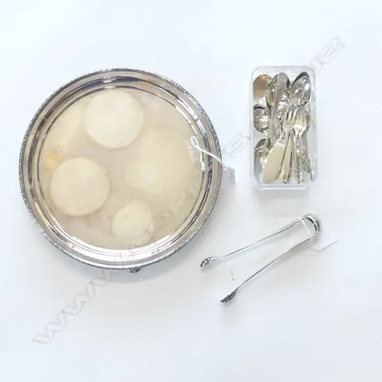 ASST CUTLERY; SILVER  & SILVER PLATE TRAY PR SILVER TONGS