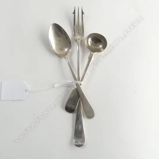 3 SILVER CUTLERY PCES: PICKLE FORK Sheffield 1913 + mustard spoon L.1888 + teaspoon L.1806. 56gms  