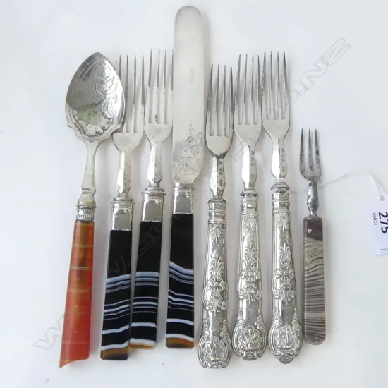 ASST VINTAGE FRUIT KNVES/FORKS, 5 AGATE HANDLED, 3 SILVER HANDLED