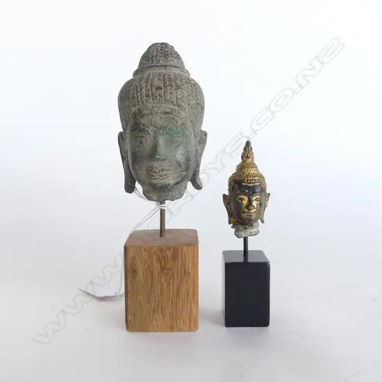 2 KHMER BRONZE BUDDHA HEADS ON STANDS H.160, 105mm