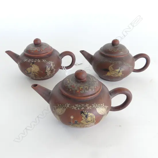 3 YIXING WARE TEAPOTS w. EROTIC SCENES 80mm dia
