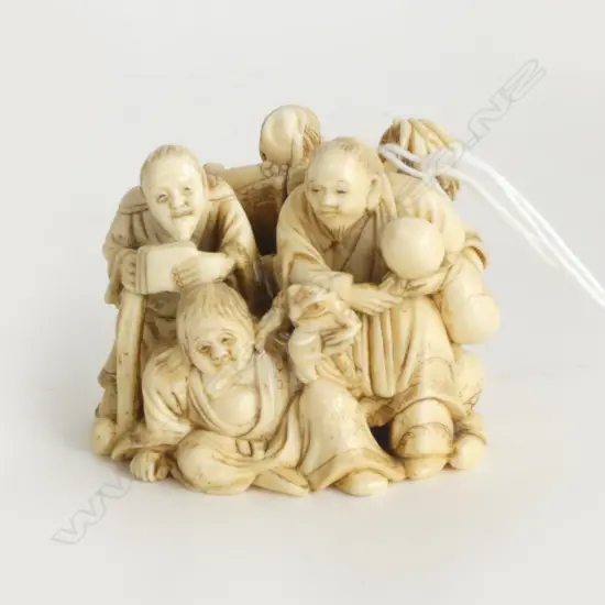 OLD JAPANESE CARVED IVORY FIGURE GROUP 5 GODS  faulted missing hand. Signed