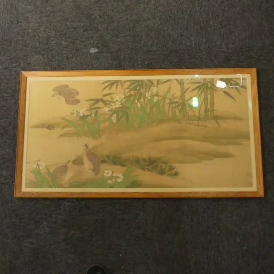 OLD CHINESE WC ON FABRIC, QUAILS IN BAMBOO 410x830mm