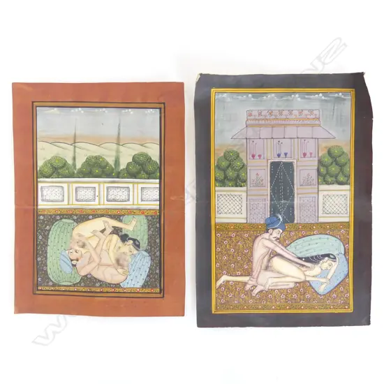 2 VINTAGE INDIAN EROTIC FINE WATERCOLOUR PAINTINGS of couples in courtyard scenes  250 x 175mm
